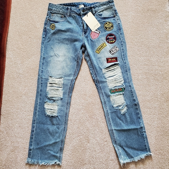 LIT2 Denim - Distressed Patch Jeans Boyfriend Sz 28